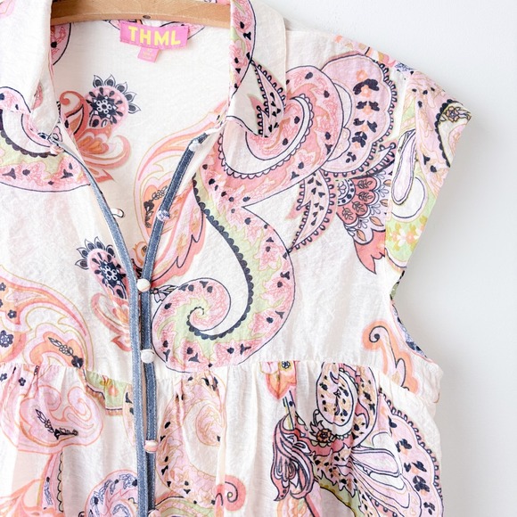 THML Paisley Boho Babydoll Blouse Top Womens XS Peasant Cottage Romantic Resort - Picture 3 of 8